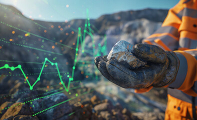 A hand holds up a large rock, the background is a mine site with lots of dirt and rocks, there's green graph lines going from left to right across the sky which represent growth in trading data