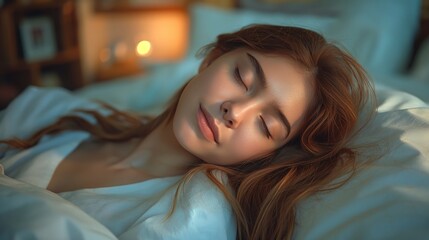 Naklejka premium Serene Image of a Peaceful Young Woman Sleeping in a Cozy Bed with Soft Lighting, Representing Restful Sleep and Tranquility at Nigh