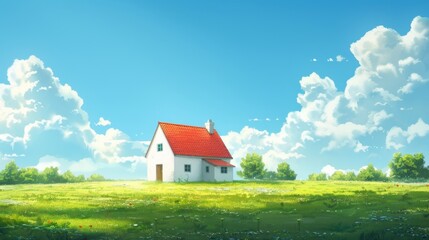 Fototapeta premium Wide vista of tiny white house with red roof in center of screen,&nbsp;centered on horizon line between blue sky and green fields