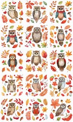 Naklejka premium Set Elements on Autumn Theme. Cute Owl in Vintage Cover and Various Bright Leaves, Rowan, Mushrooms. Watercolor illustration. Design Elements For Home Textiles, Website Design, Blogs, Postcards