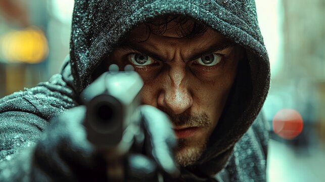 Threat of firearms. Muzzle of gun in man's hand is pointed at camera. Male criminal holds weapon. Attack or defense.