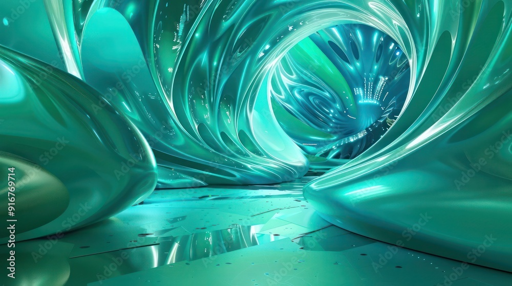 Poster 3d abstract design with interactive elements in vibrant turquoise and emerald green, where user inte
