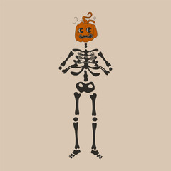Funny Skeleton with a pumpkin head. Cute character Skeleton Bones