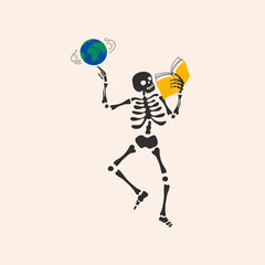 Back to school. Funny Skeleton ready for school with school stationery. Cute character Skeleton Bones