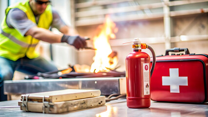 Safe workplace red First Aid Kit together with fire extinguisher are set ready in cases fire occurs with defocused construction worker conducting hot work oxy cutting steel plate structure background
