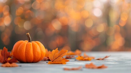 Charming fall backdrop with bright orange pumpkins and crisp autumn leaves on a soft light surface, perfect for seasonal graphics 8K , high-resolution, ultra HD,up32K HD