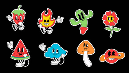 Cartoon abstract character. Retro trendy stickers with funny comic characters and gloved hands. Vintage strawberry, cactus, fire, flower, cloud, mushroom, planet, watermelon