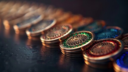 A stack of objects adorned with emblems, showing a progressive decline in the quality or prominence of each emblem 8K , high-resolution, ultra HD,up32K HD