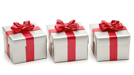 Obraz premium Elegant silver gift boxes adorned with red ribbons against a white backdrop