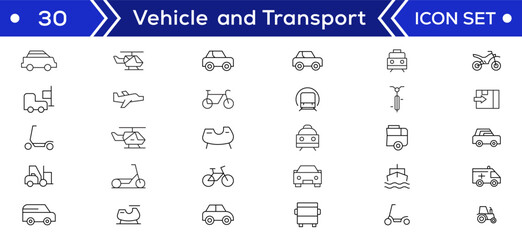 Vehicle and Transport line icon set. Containing car, bike, plane, train, bicycle, motorbike, bus and scooter icons. Transportation Simple line icon collections