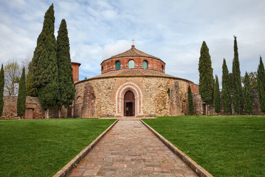Perugia, Umbria, Italy: the medieval church of San Michele Arcangelo. The circular building dates to the 5th to 6th century and incorporates corinthian capped columns from a prior pagan temple