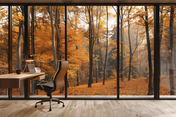 Home office interior with autumn forest theme, version 3  