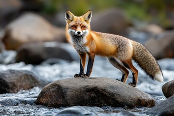 Fototapeta premium Red Fox Standing on a Rock by a Stream