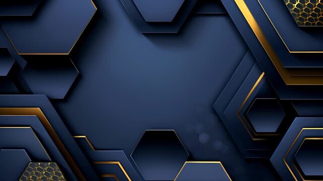 video of abstract, modern background featuring overlapping hexagonal shapes in dark blue and gold, creating sense of depth and sophistication, concept of modern design and elegance