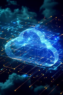 video of glowing digital cloud surrounded by streams of data in futuristic blue environment, representing cloud computing, technology, data storage, concept of digital transformation and connectivity