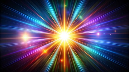 Obraz premium Vibrant abstract sunburst with iridescent glare and digital flare overlaid on a black background, perfect for overlay designs and blending modes.