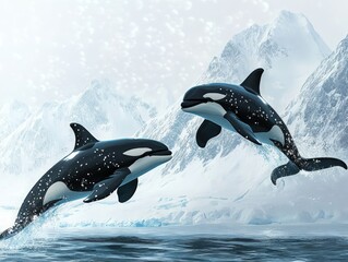 Obraz premium Two Orcas Leaping in Snowy Mountains