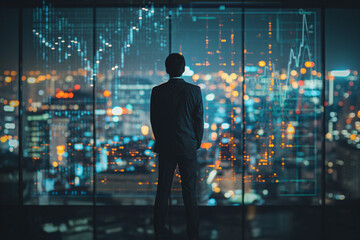 Confident businessman in a suit standing in front of a large window overlooking a night city view, city lights, with digital data and financial charts superimposed on the window.