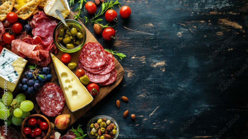 Wall mural Sliced gourmet meat, cheese, vegetables and fruits on wooden board