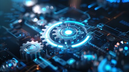 Abstract holographic spherical digital cogwheel with additional icons on a blue background. Innovation concept and tech support. Place of mockup. 3D animation, Generative AI.