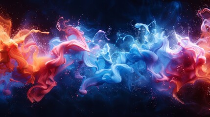 Colorful abstract swirls of smoke blend seamlessly on a dark background at night