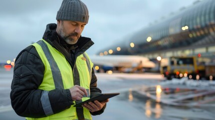 Aircraft maintenance mechanic in uniform is going down the stairs while reading manual