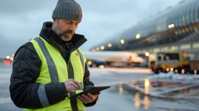 Aircraft maintenance mechanic in uniform is going down the stairs while reading manual
