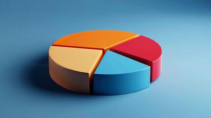 Obraz premium An illustration of a pie chart in three dimensions. There are four divisions that are separated by various colors. Orange, red, yellow, and blue are the colors, Generative AI.