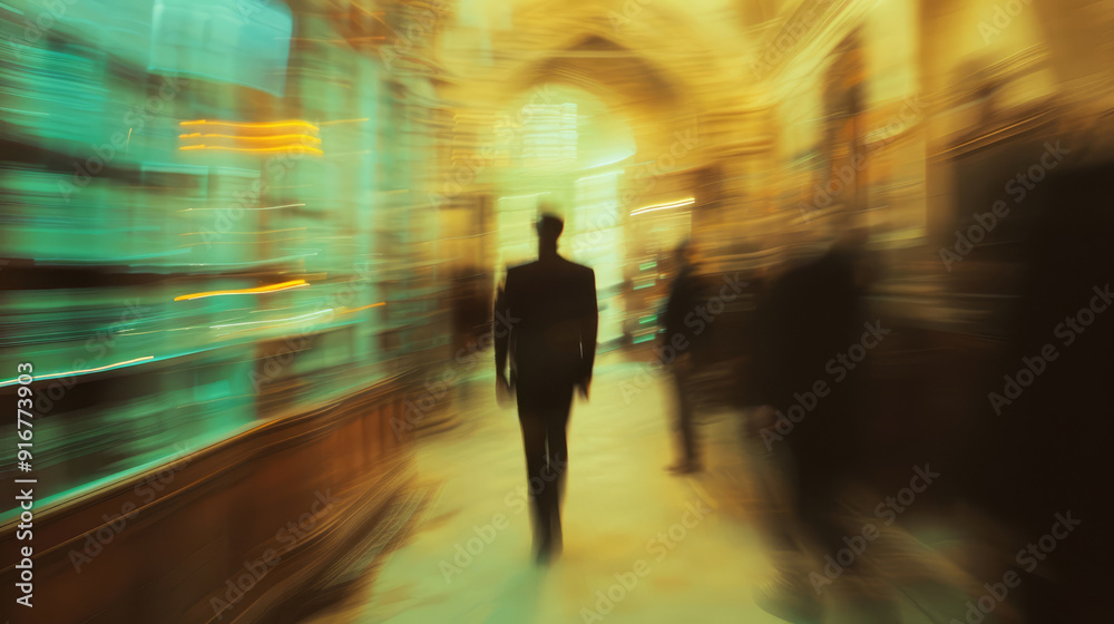 Wall mural Silhouette of person moving in blurry corridor, illuminated by mysterious light