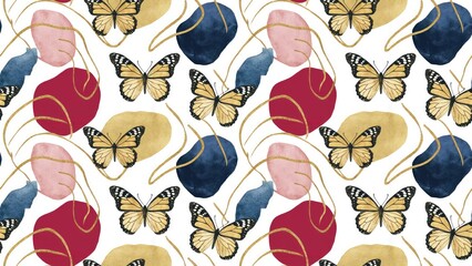 Abstract vintage illustration featuring butterflies shapes and golden lines on a white background Seamless watercolor pattern Handdrawn marble artwork Mixed media design