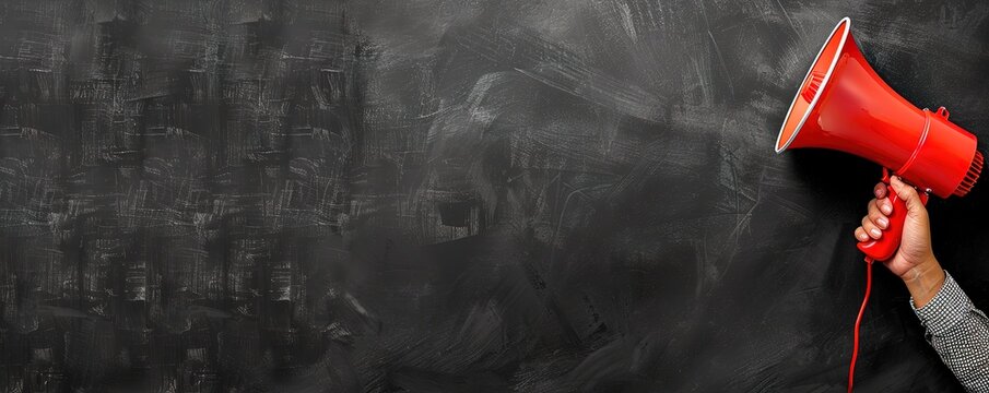 Hand holding red megaphone against a black chalkboard background.  Announcement, news, communication, message, loud, attention, important.