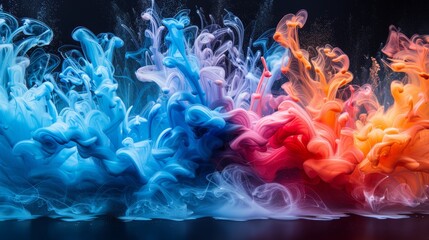 Colorful swirling ink clouds create abstract art in vibrant hues of blue, pink, orange, and purple