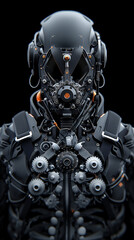 Fototapeta premium A highly detailed robotic figure stands majestically, showcasing advanced mechanics and design elements in a dark environment