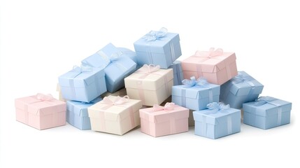 Obraz premium Colorful gift boxes piled together on a white background for festive occasions