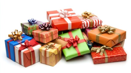 Obraz premium Colorful assortment of gift boxes stacked on a white background