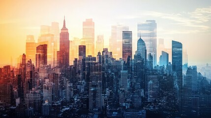 Obraz premium A vibrant city skyline at sunset, featuring a blend of modern architecture and urban lifestyle, creating a mesmerizing cityscape.