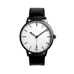 A watch with a black band and a white face. The watch is set to the time of 10:00