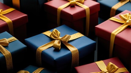 Festively arranged red and blue gift boxes adorned with bows during the holiday season