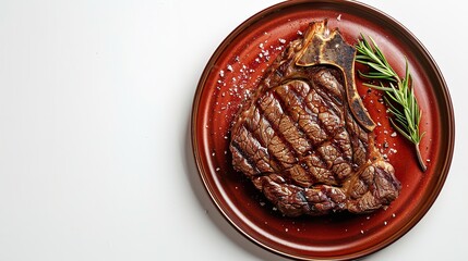 Complete beef rib eye with a circular red plate and white copy space backdrop, Generative AI.
