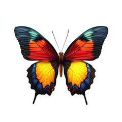 A colorful butterfly with red, yellow, and blue wings. The butterfly is sitting on a white background