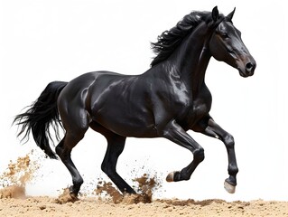 Black horse galloping on sandy ground in bright sunlight