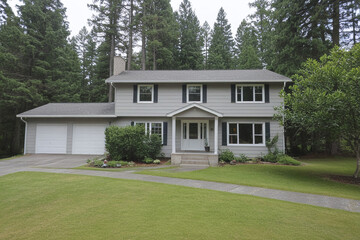 Charming Craftsman Two-Story House with Gabled Roof, Blue-Gray Exterior, and Inviting Porch with White Trim
