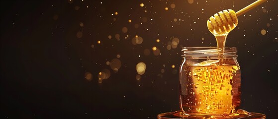 honey container with dipper and streaming honey, copy space, Generative AI.