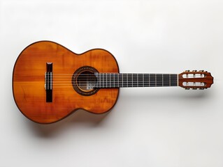 Beautiful wooden acoustic guitar displayed against a simple background