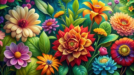 Vibrant colorful botanical illustration of blooming flowers and lush foliage on a stunning intricate macro background, perfect for summer garden floral design elements.