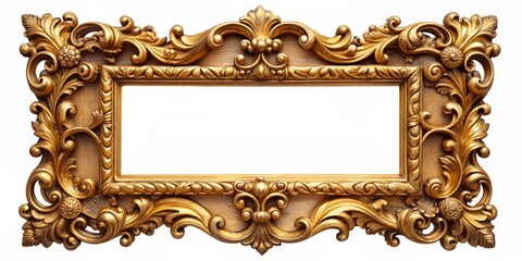 Ornate vintage gold frame with intricate carvings and ornamental details isolated on a clean white background, adding luxury and sophistication to any artwork.