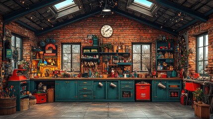 Design a whimsical Christmas background with a Santa workshop, bustling with elves preparing toys for delivery