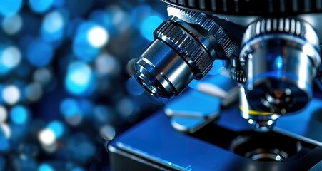 Close up of a microscope lens with a blurred blue background.  A tool for scientific research and discovery.