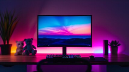 A sleek swivel chair facing a curved monitor, with a collection of plush toys and tech gadgets on the desk, realistic, vibrant hues, natural light, high resolution 8K , high-resolution, ultra HD,up32K