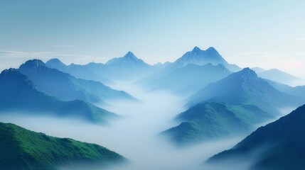 Highaltitude perspective of a humid, fogcovered mountain range, with haze softening the dramatic peaks and lush valleys below 8K , high-resolution, ultra HD,up32K HD